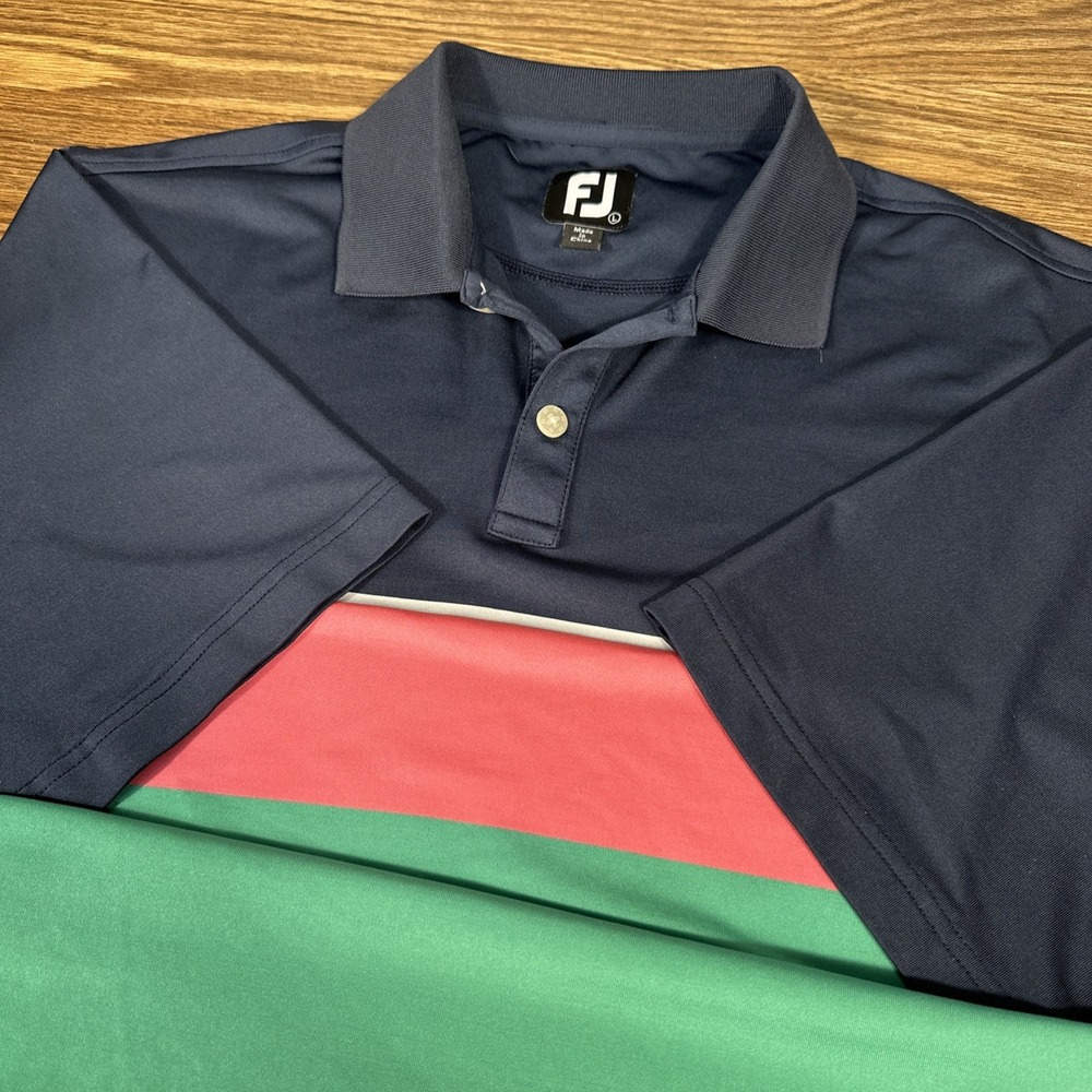 FJ‎ FootJoy Mens Golf Polo Shirt Large Green Striped Dark Blue Short Sleeve
